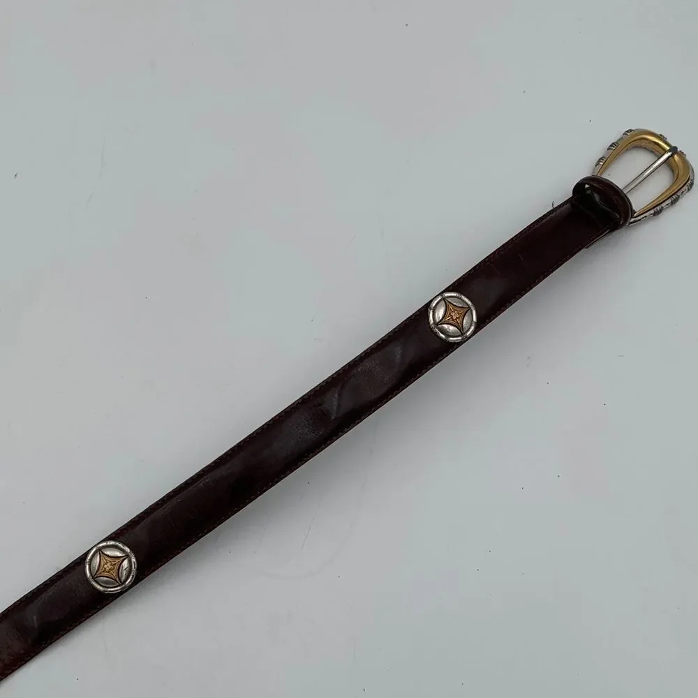 Fossil Brown Leather Belt Two Tone Gold Silver Buckle Western